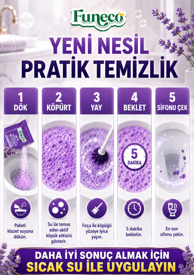 FUNECO Klozet WC Tuvalet Temizleyici Lavanta Ferahlığı Aktif Köpüklü Yeni Nesil Pratik, Ekolojik, Eğlenceli Temizlik- 300g Aylık Paket (4'lü)