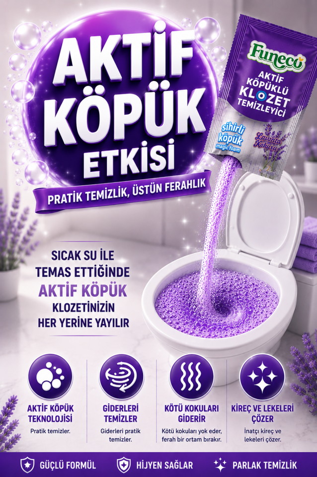 FUNECO Klozet WC Tuvalet Temizleyici Lavanta Ferahlığı Aktif Köpüklü Yeni Nesil Pratik, Ekolojik, Eğlenceli Temizlik- 300g Aylık Paket (4'lü)