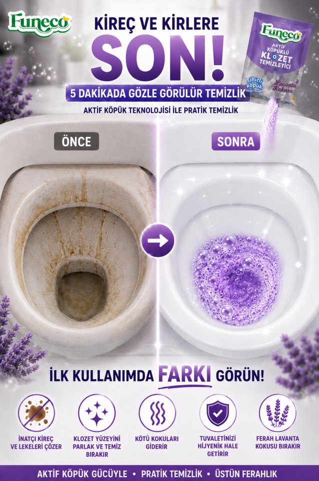 FUNECO Klozet WC Tuvalet Temizleyici Lavanta Ferahlığı Aktif Köpüklü Yeni Nesil Pratik, Ekolojik, Eğlenceli Temizlik- 300g Aylık Paket (4'lü)