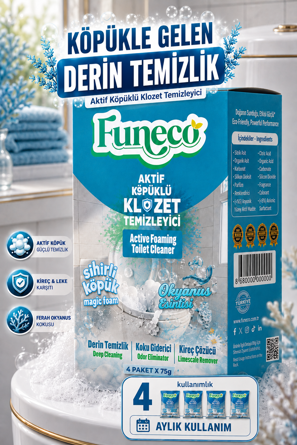 FUNECO Klozet WC Tuvalet Temizleyici Okyanus Ferahlığı Aktif Köpüklü Yeni Nesil Pratik, Ekolojik, Eğlenceli Temizlik- 300g Aylık Paket (4'lü)