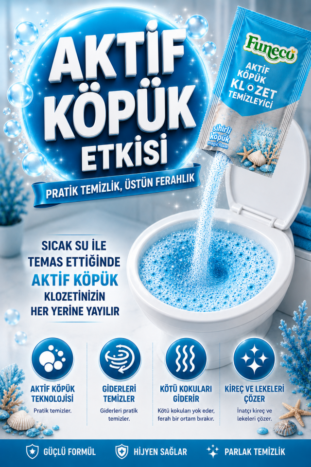 FUNECO Klozet WC Tuvalet Temizleyici Okyanus Ferahlığı Aktif Köpüklü Yeni Nesil Pratik, Ekolojik, Eğlenceli Temizlik- 300g Aylık Paket (4'lü)