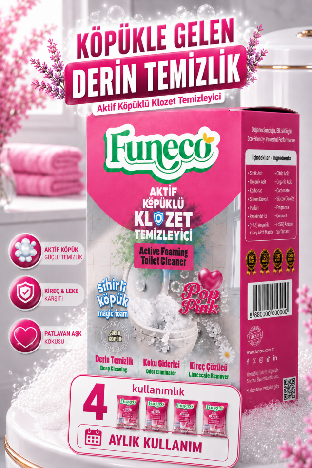 FUNECO Klozet WC Tuvalet Temizleyici POP PINK Aşkı Aktif Köpüklü Yeni Nesil Pratik, Ekolojik, Eğlenceli Temizlik- 300g Aylık Paket (4'lü)