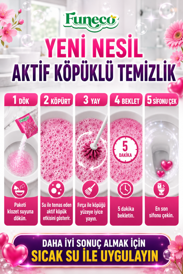 FUNECO Klozet WC Tuvalet Temizleyici POP PINK Aşkı Aktif Köpüklü Yeni Nesil Pratik, Ekolojik, Eğlenceli Temizlik- 300g Aylık Paket (4'lü)
