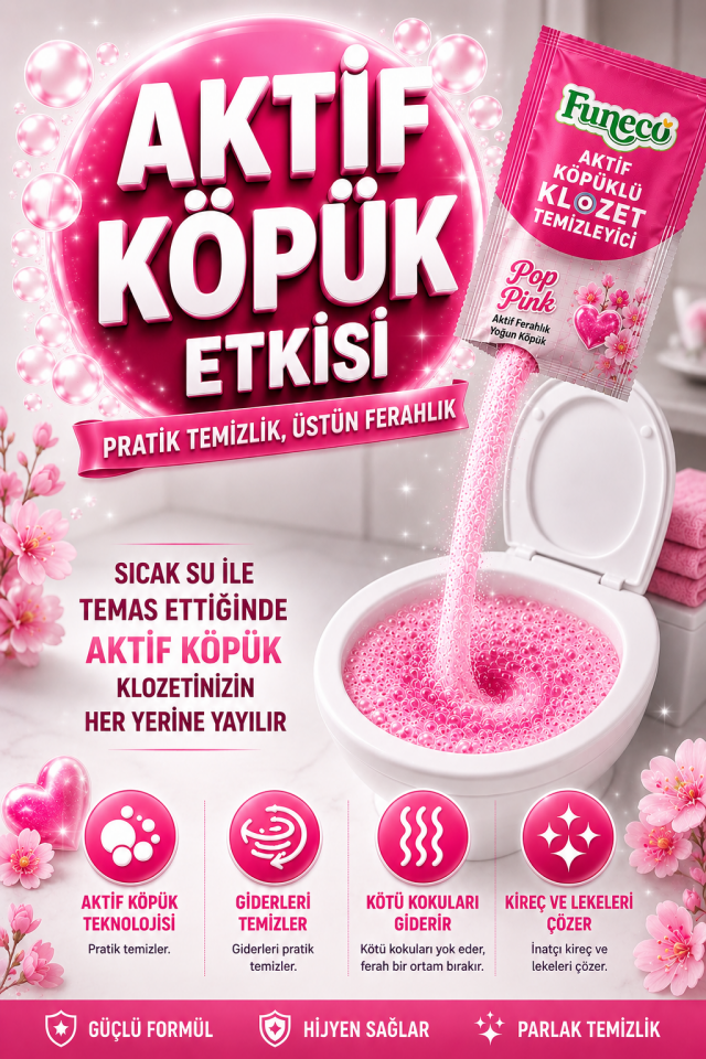 FUNECO Klozet WC Tuvalet Temizleyici POP PINK Aşkı Aktif Köpüklü Yeni Nesil Pratik, Ekolojik, Eğlenceli Temizlik- 300g Aylık Paket (4'lü)