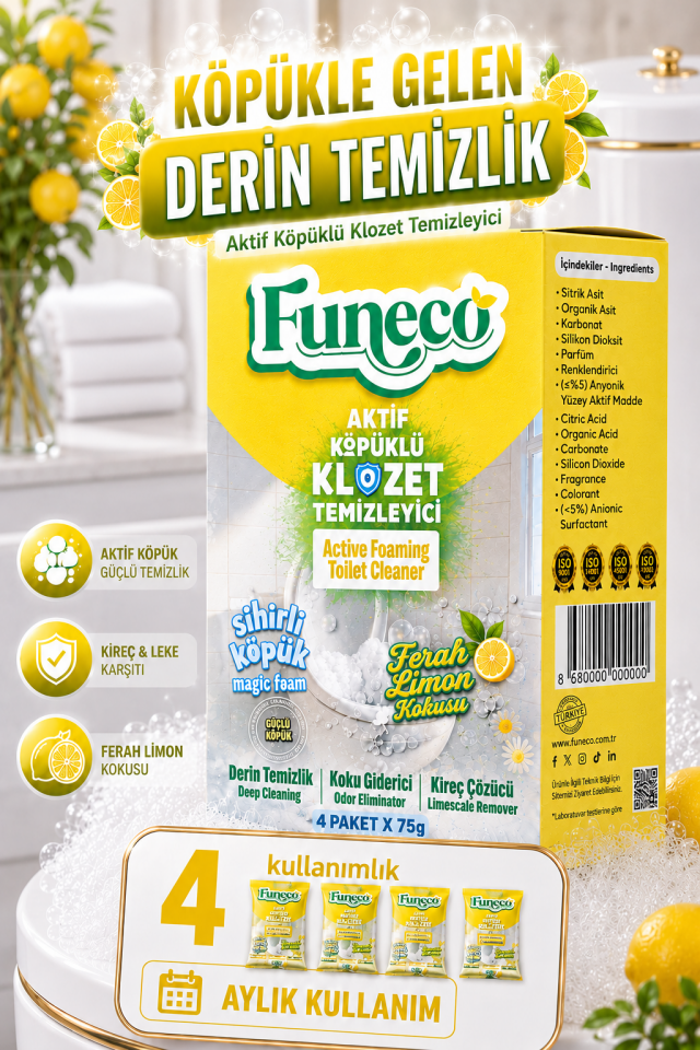 FUNECO Klozet WC Tuvalet Temizleyici Limon Ferahlığı Aktif Köpüklü Yeni Nesil Pratik, Ekolojik, Eğlenceli Temizlik- 300g Aylık Paket (4'lü)