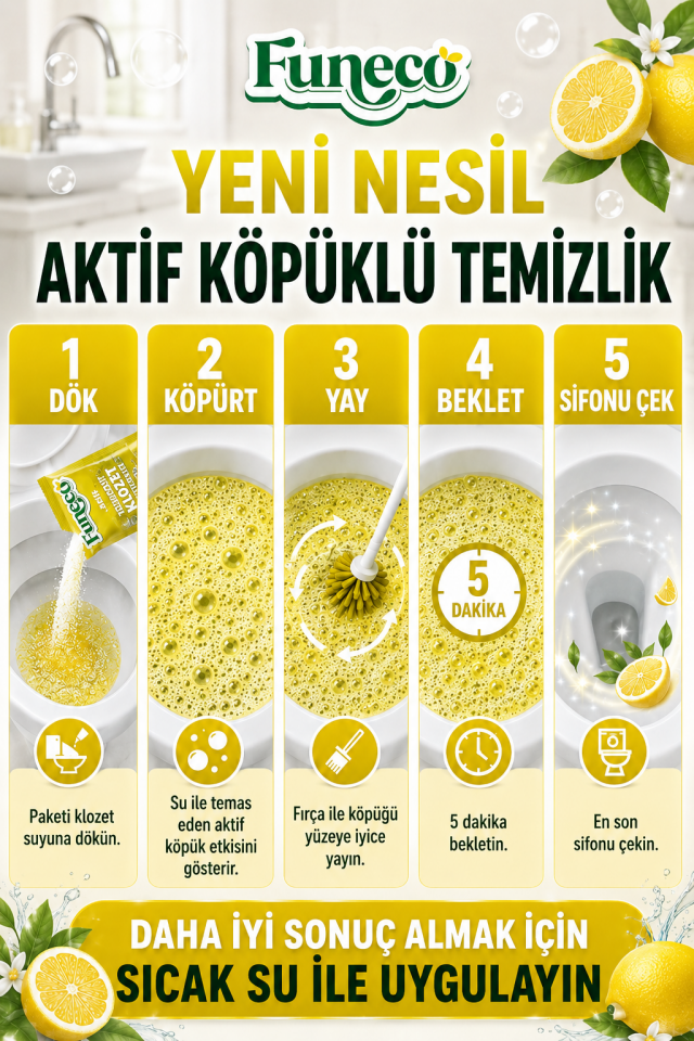 FUNECO Klozet WC Tuvalet Temizleyici Limon Ferahlığı Aktif Köpüklü Yeni Nesil Pratik, Ekolojik, Eğlenceli Temizlik- 300g Aylık Paket (4'lü)