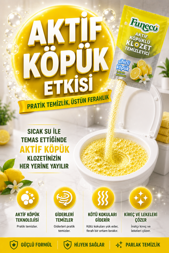 FUNECO Klozet WC Tuvalet Temizleyici Limon Ferahlığı Aktif Köpüklü Yeni Nesil Pratik, Ekolojik, Eğlenceli Temizlik- 300g Aylık Paket (4'lü)