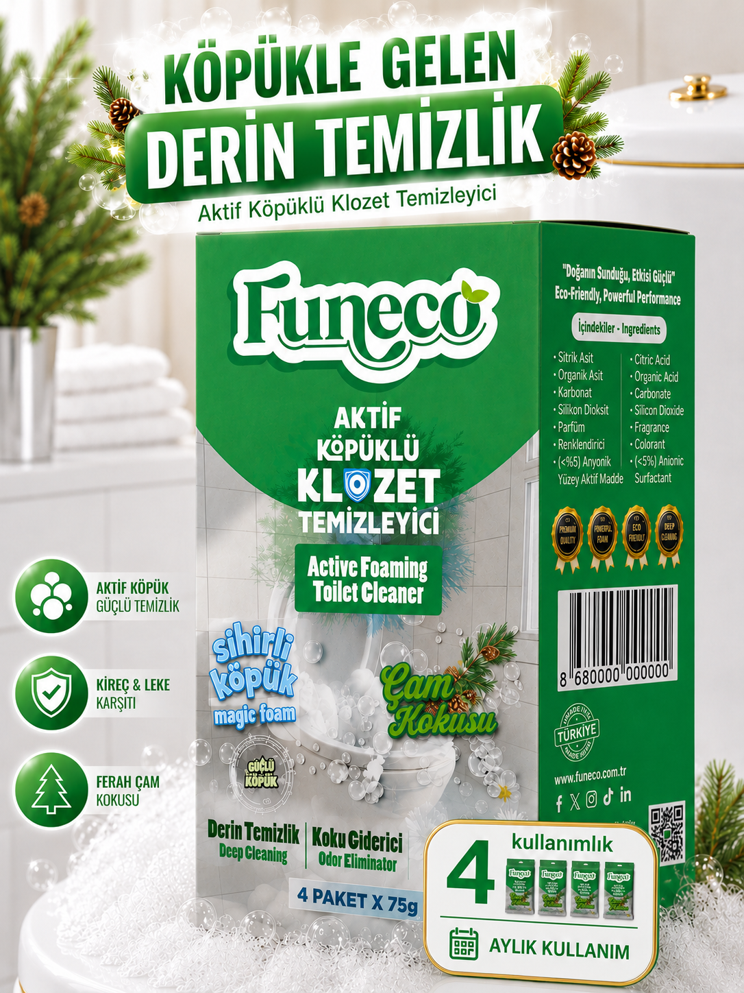 FUNECO Klozet WC Tuvalet Temizleyici Çam Ferahlığı Aktif Köpüklü Yeni Nesil Pratik, Ekolojik, Eğlenceli Temizlik- 300g Aylık Paket (4'lü)