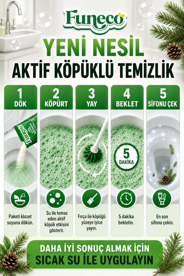 FUNECO Klozet WC Tuvalet Temizleyici Çam Ferahlığı Aktif Köpüklü Yeni Nesil Pratik, Ekolojik, Eğlenceli Temizlik- 300g Aylık Paket (4'lü)