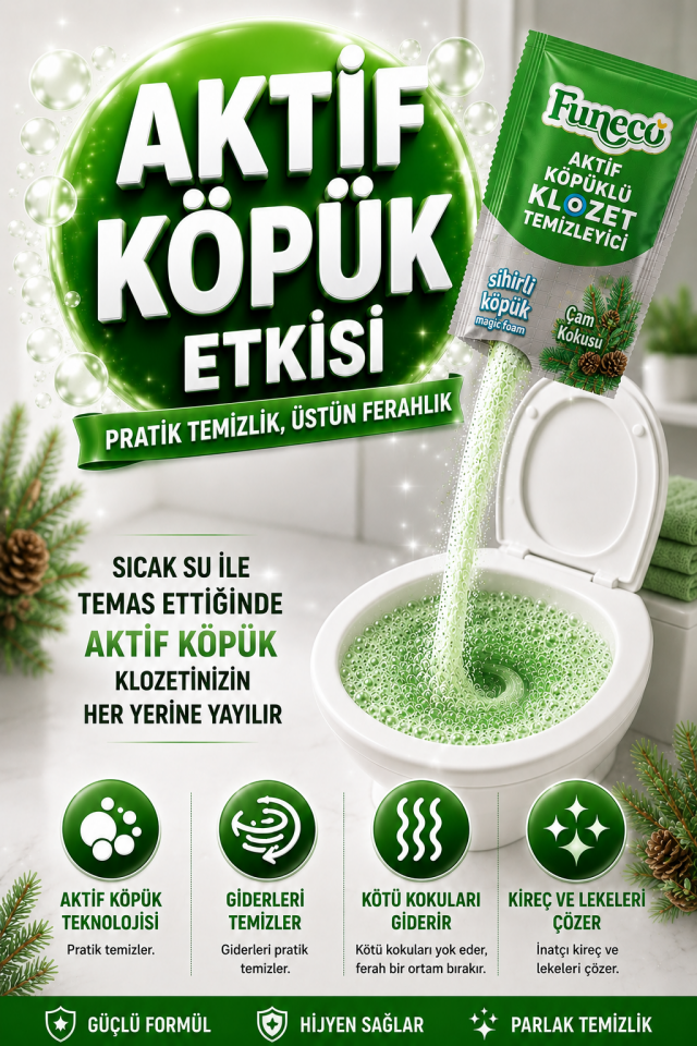 FUNECO Klozet WC Tuvalet Temizleyici Çam Ferahlığı Aktif Köpüklü Yeni Nesil Pratik, Ekolojik, Eğlenceli Temizlik- 300g Aylık Paket (4'lü)