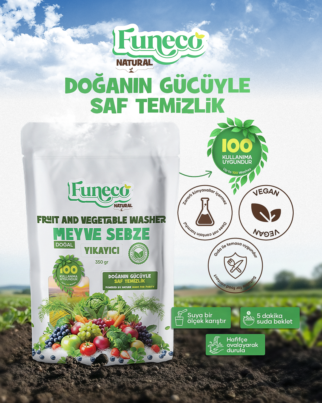 FUNECO Natural Meyve Sebze Temizleyici 350g (100 Kullanımlık) - Bitki ve mineral bazlı temizleyici toz