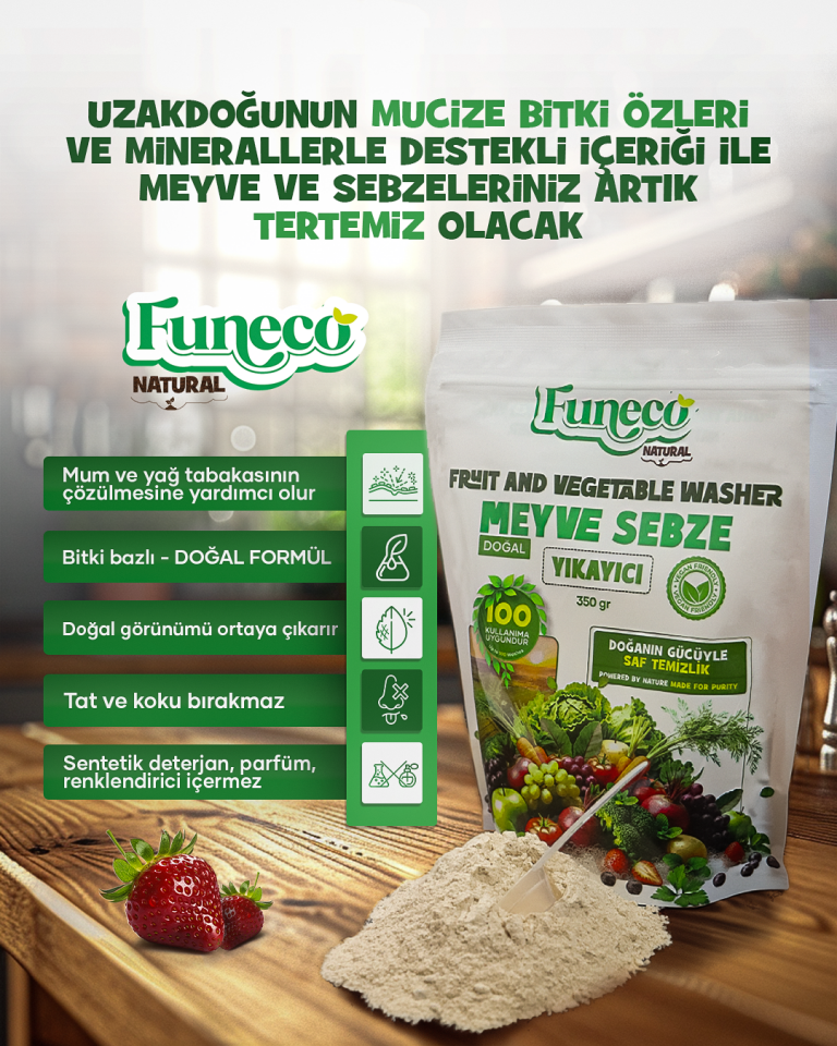 FUNECO Natural Meyve Sebze Temizleyici 350g (100 Kullanımlık) - Bitki ve mineral bazlı temizleyici toz