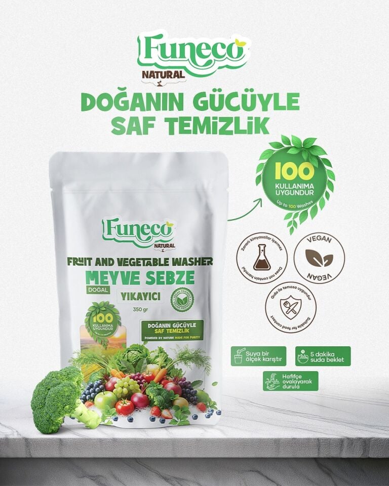 FUNECO Natural Meyve Sebze Temizleyici 350g (100 Kullanımlık) - Bitki ve mineral bazlı temizleyici toz