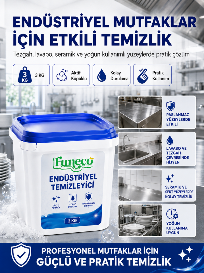 Funeco Endüstriyel Temizleyici 3 KG | Aktif Köpüklü, Kireç Çözücü, Koku Giderici Profesyonel Temizlik Ürünü