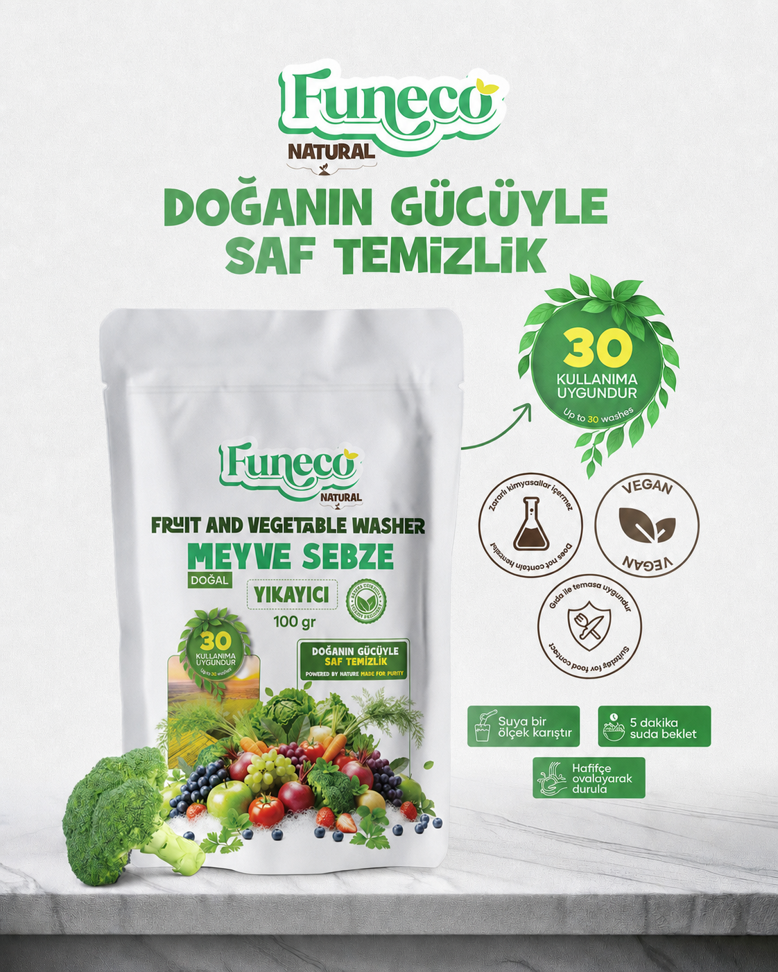 FUNECO Natural Meyve Sebze Temizleyici 100g (30 Kullanımlık) - Bitki ve mineral bazlı temizleyici toz