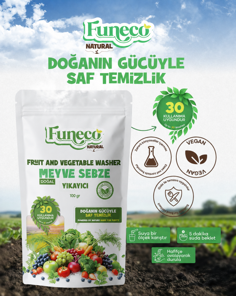 FUNECO Natural Meyve Sebze Temizleyici 100g (30 Kullanımlık) - Bitki ve mineral bazlı temizleyici toz