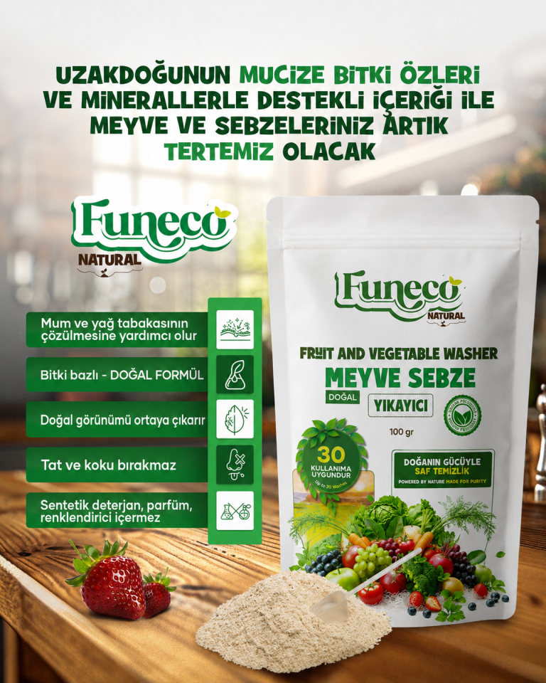 FUNECO Natural Meyve Sebze Temizleyici 100g (30 Kullanımlık) - Bitki ve mineral bazlı temizleyici toz