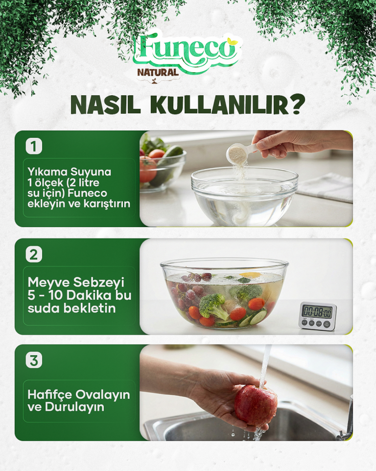 FUNECO Natural Meyve Sebze Temizleyici 100g (30 Kullanımlık) - Bitki ve mineral bazlı temizleyici toz